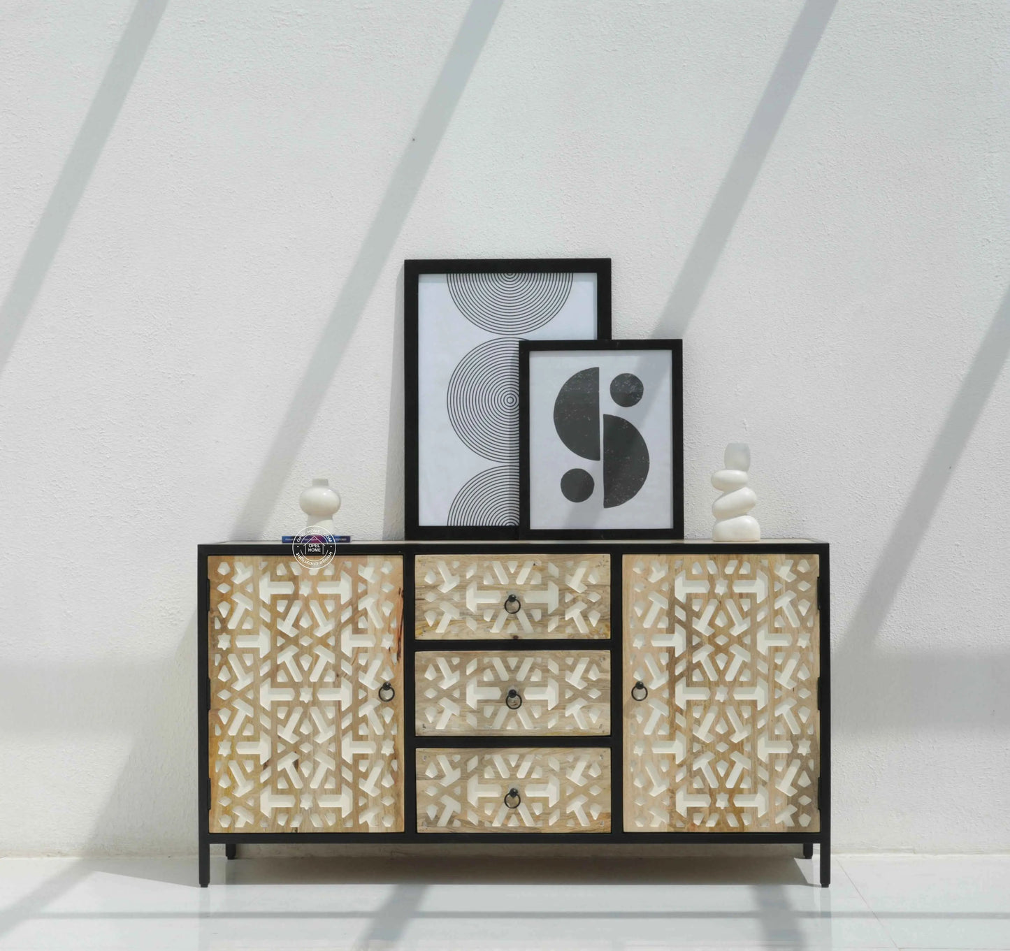 Antonella 3 Drawers & 2 Doors Sideboard – Mango Wood, Metal Frame, Natural Finish | Opelhome UAE