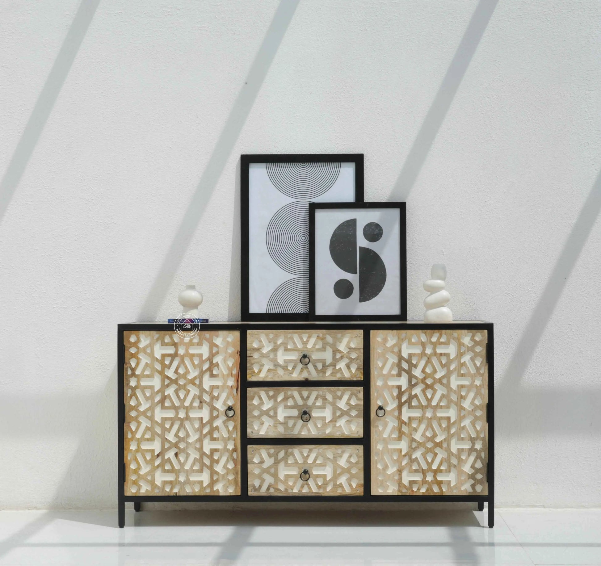 Antonella 3 Drawers & 2 Doors Sideboard – Mango Wood, Metal Frame, Natural Finish | Opelhome UAE