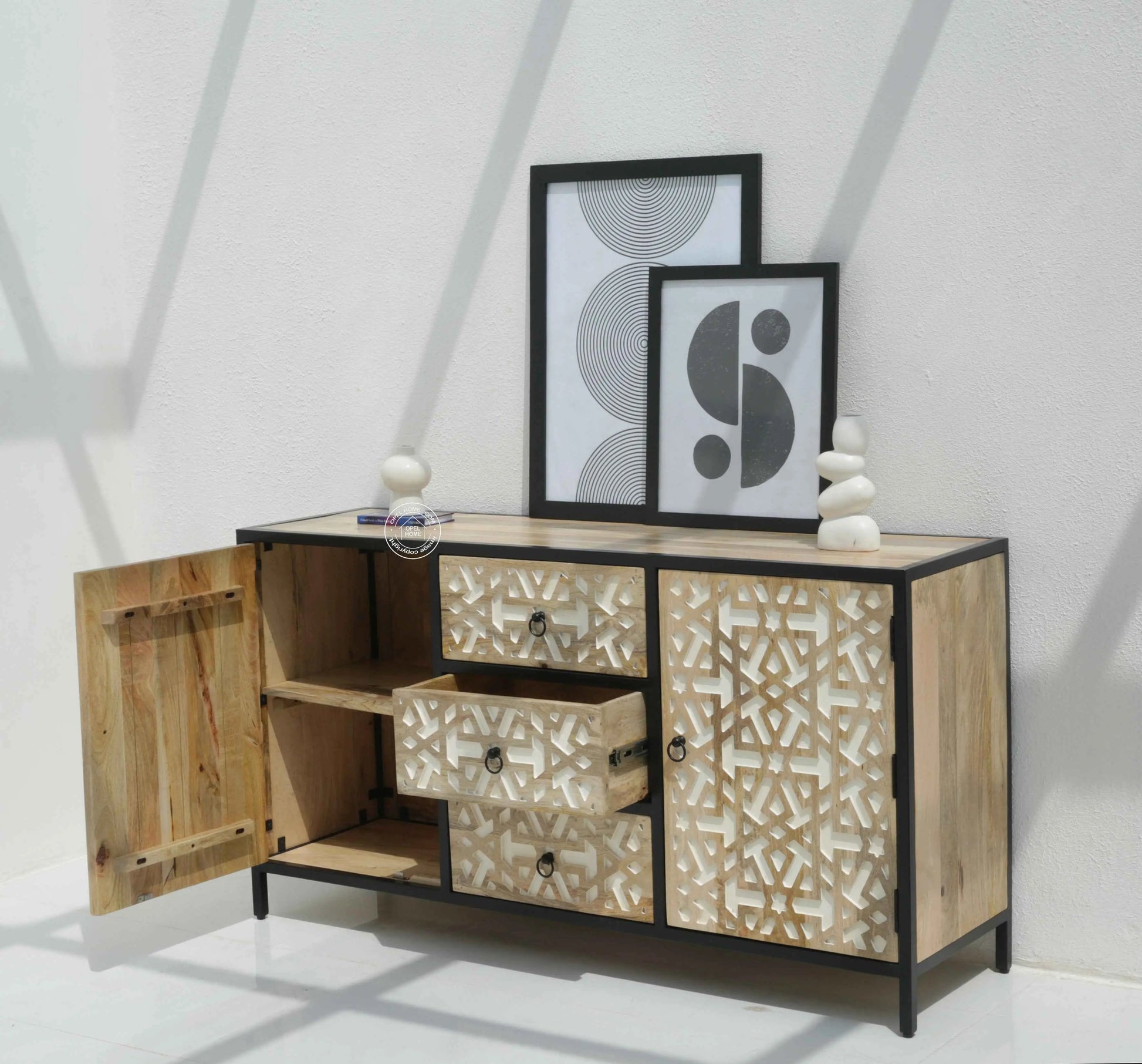 Antonella 3 Drawers & 2 Doors Sideboard – Mango Wood, Metal Frame, Natural Finish | Opelhome UAE