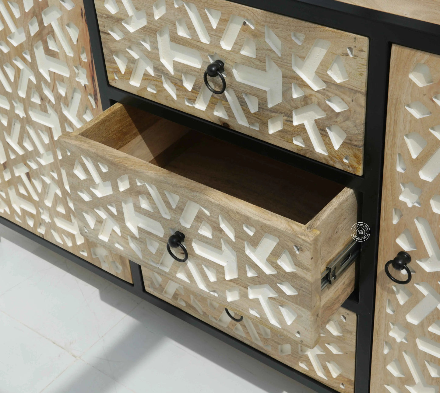 Antonella 3 Drawers & 2 Doors Sideboard – Mango Wood, Metal Frame, Natural Finish | Opelhome UAE