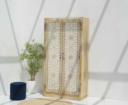 Antonella Wooden Carved Closet – 2 Doors, Solid Mango Wood, Natural Finish, Tall Storage | Opelhome UAE