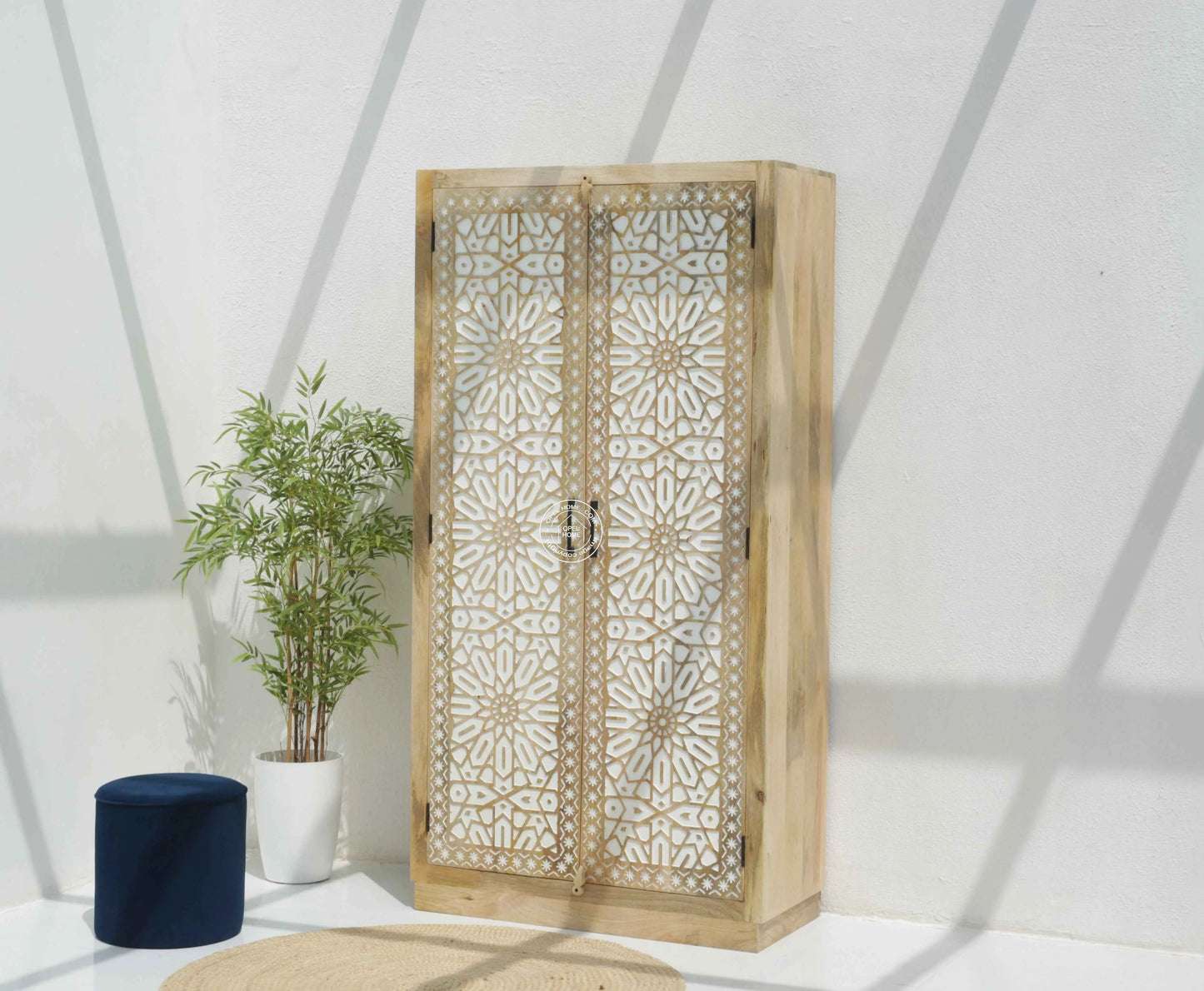 Antonella Wooden Carved Closet – 2 Doors, Solid Mango Wood, Natural Finish, Tall Storage | Opelhome UAE