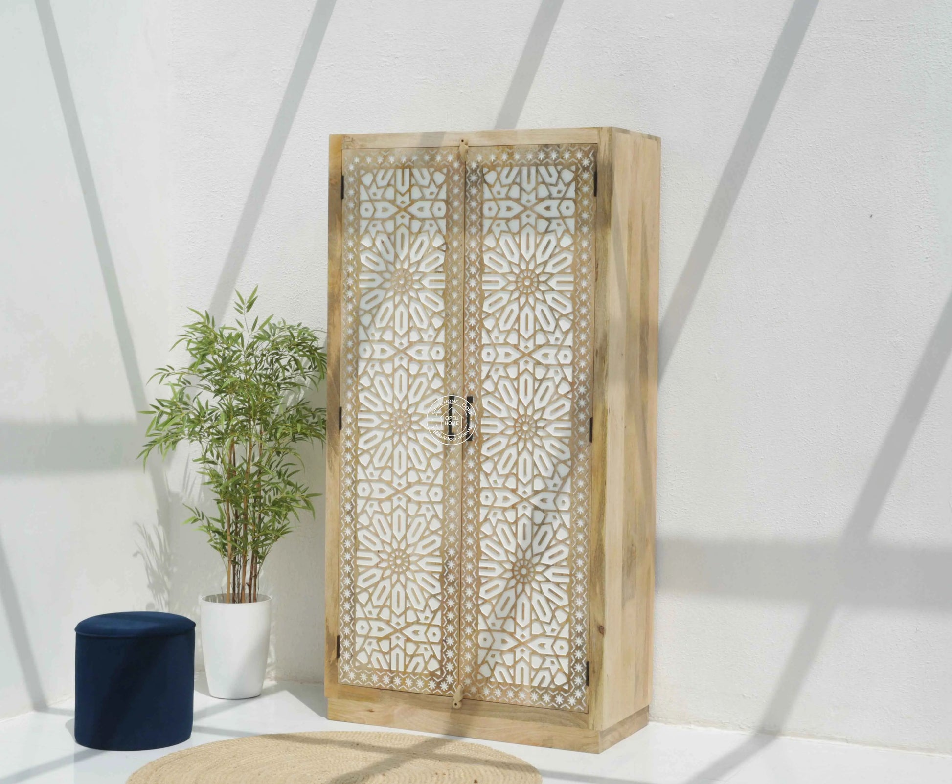Antonella Wooden Carved Closet – 2 Doors, Solid Mango Wood, Natural Finish, Tall Storage | Opelhome UAE