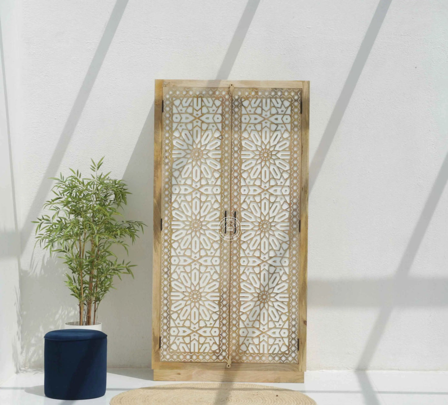 Antonella Wooden Carved Closet – 2 Doors, Solid Mango Wood, Natural Finish, Tall Storage | Opelhome UAE