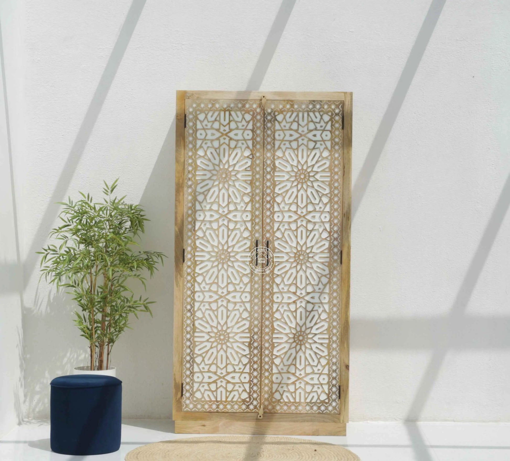 Antonella Wooden Carved Closet – 2 Doors, Solid Mango Wood, Natural Finish, Tall Storage | Opelhome UAE