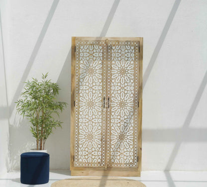Antonella Wooden Carved Closet – 2 Doors, Solid Mango Wood, Natural Finish, Tall Storage | Opelhome UAE
