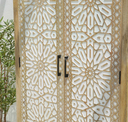 Antonella Wooden Carved Closet – 2 Doors, Solid Mango Wood, Natural Finish, Tall Storage | Opelhome UAE