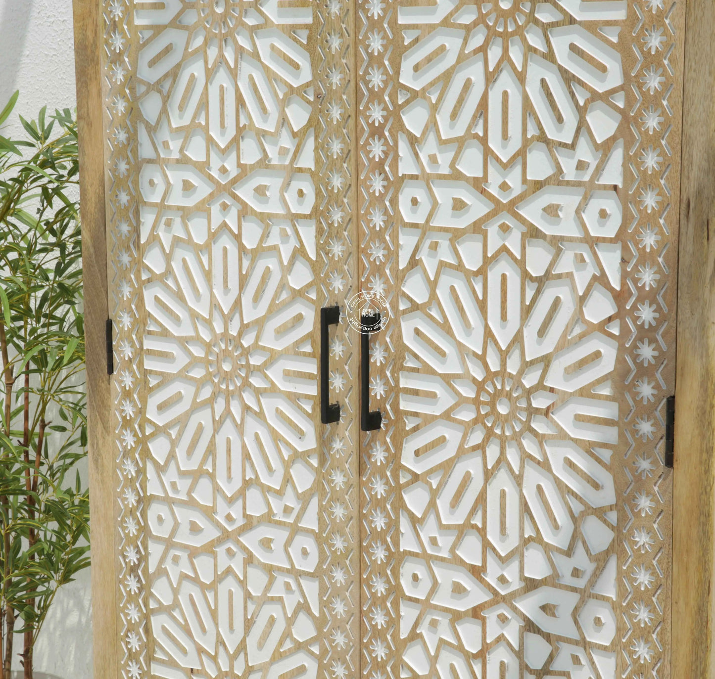 Antonella Wooden Carved Closet – 2 Doors, Solid Mango Wood, Natural Finish, Tall Storage | Opelhome UAE