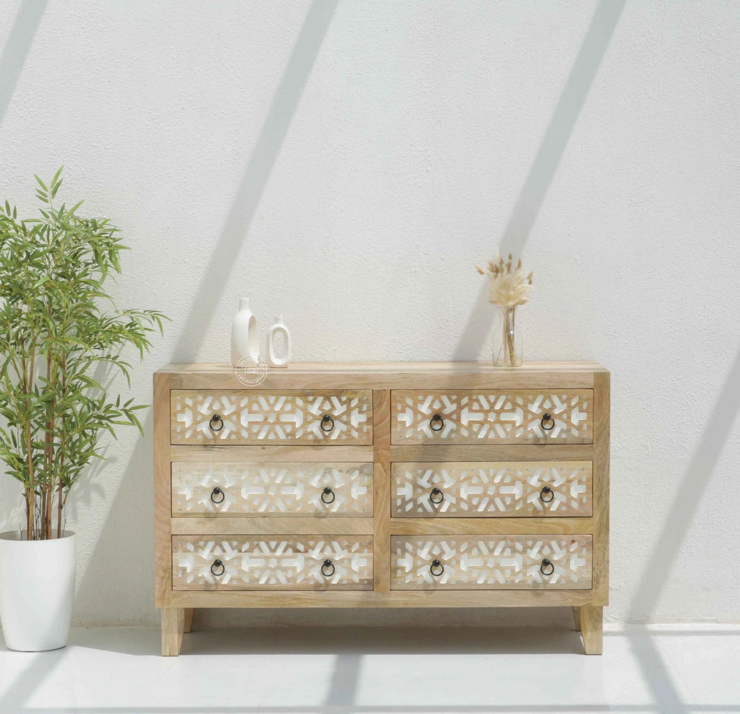 Antonella Wooden Chest of Drawers – Solid Mango Wood, Natural & White Finish | Opelhome UAE