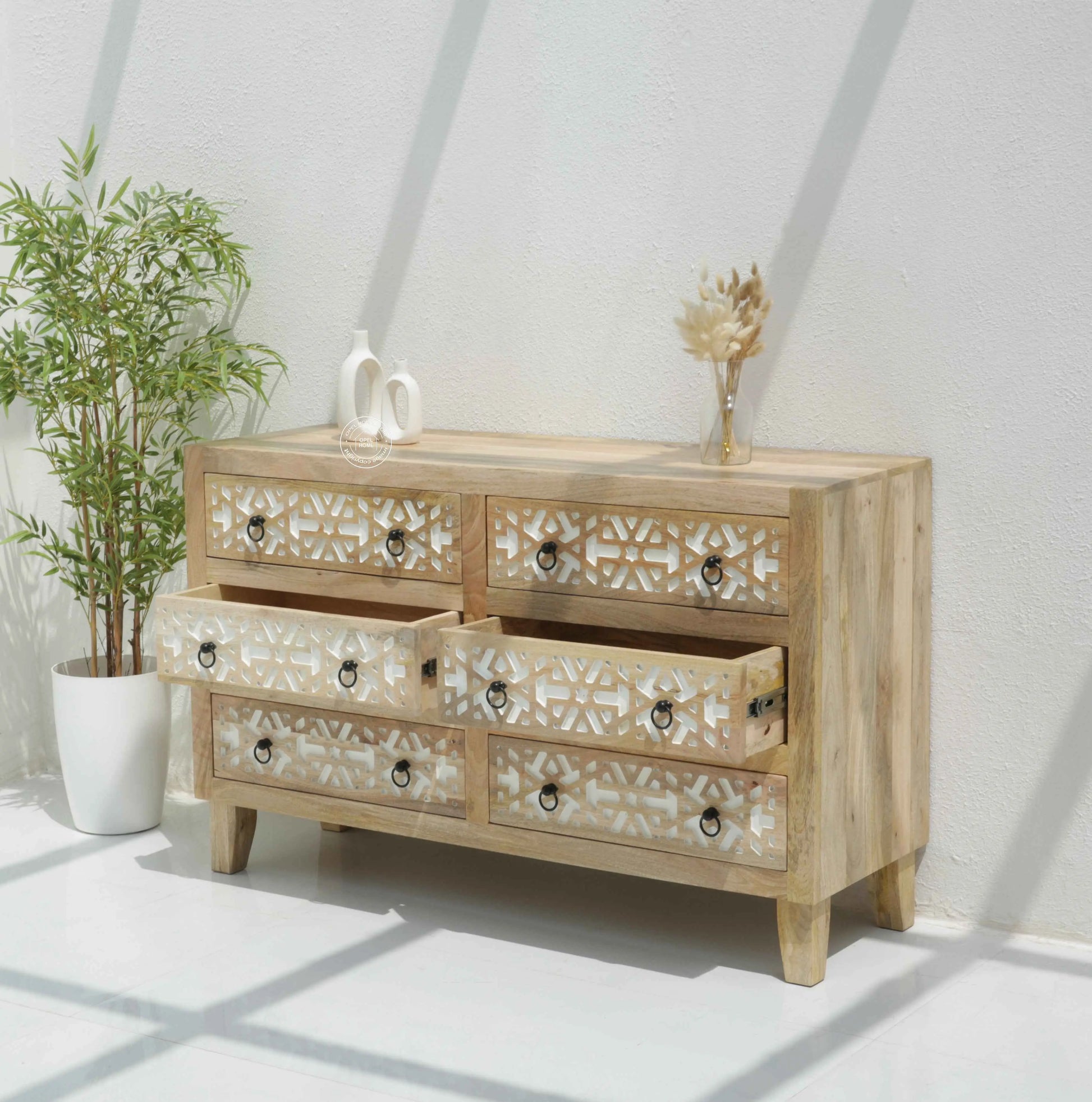 Antonella Wooden Chest of Drawers – Solid Mango Wood, Natural & White Finish | Opelhome UAE