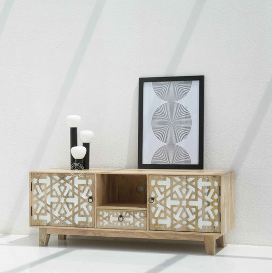 Antonella Wooden Two Door TV Unit – Solid Mango Wood, Natural & White Finish | Opelhome UAE