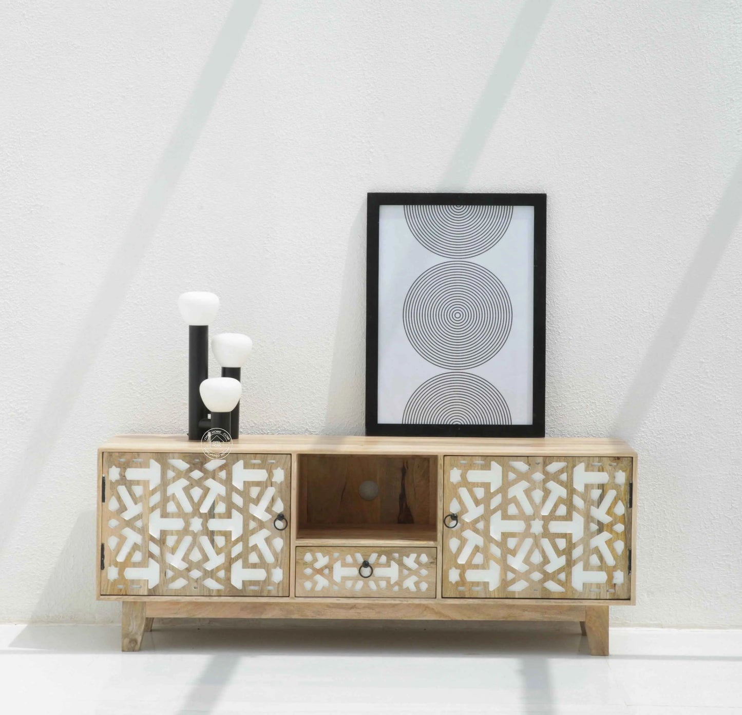 Antonella Wooden Two Door TV Unit – Solid Mango Wood, Natural & White Finish | Opelhome UAE