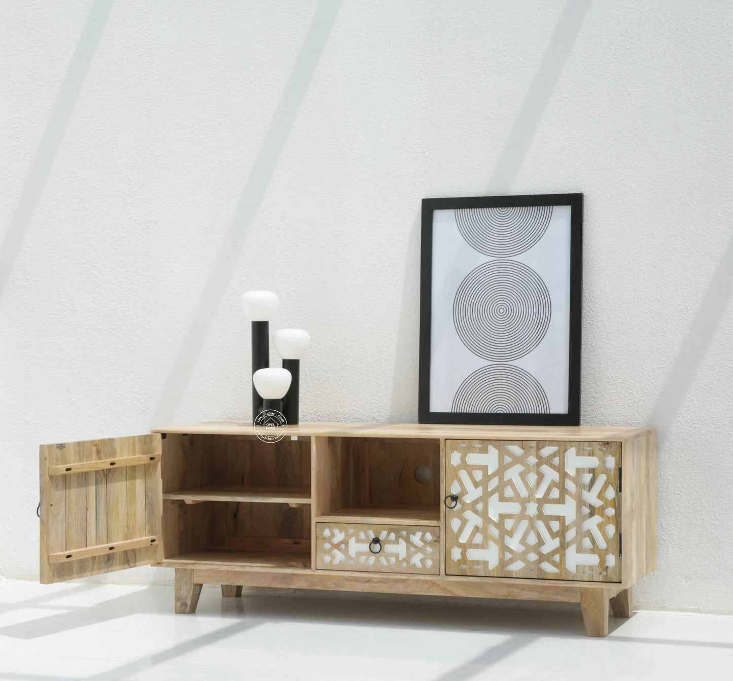 Antonella Wooden Two Door TV Unit – Solid Mango Wood, Natural & White Finish | Opelhome UAE