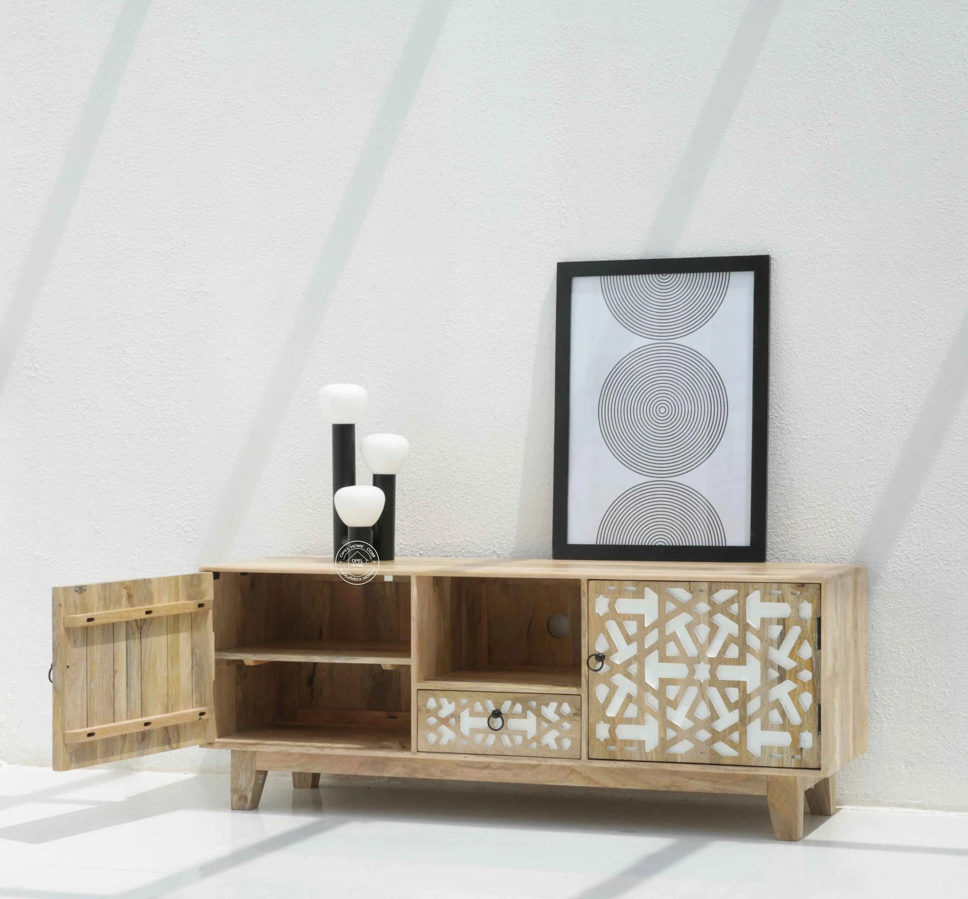 Antonella Wooden Two Door TV Unit – Solid Mango Wood, Natural & White Finish | Opelhome UAE