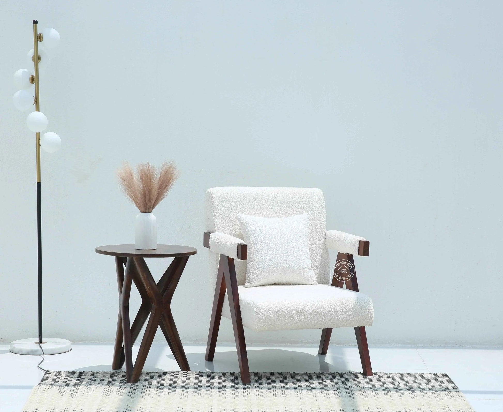 Antony Arm Chair – White Boucle Fabric, Solid Rosewood Frame, Teak Finish | Opelhome UAE