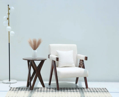Antony Arm Chair – White Boucle Fabric, Solid Rosewood Frame, Teak Finish | Opelhome UAE