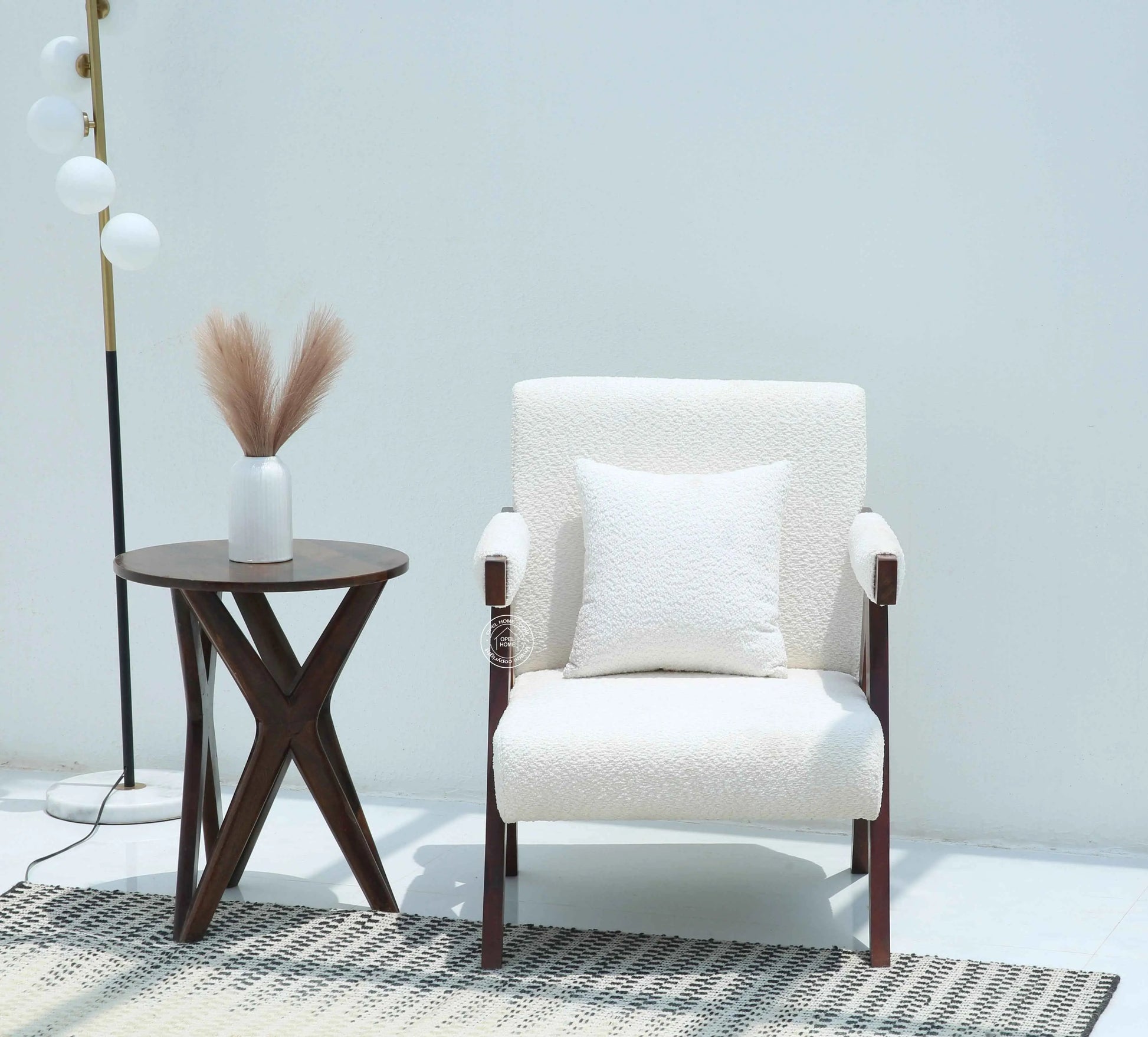 Antony Arm Chair – White Boucle Fabric, Solid Rosewood Frame, Teak Finish | Opelhome UAE