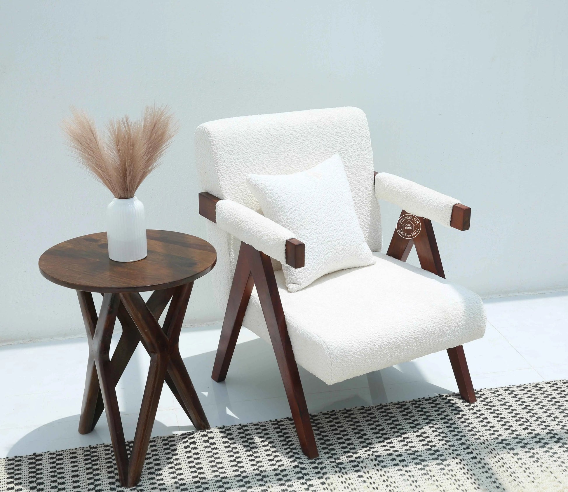 Antony Arm Chair – White Boucle Fabric, Solid Rosewood Frame, Teak Finish | Opelhome UAE