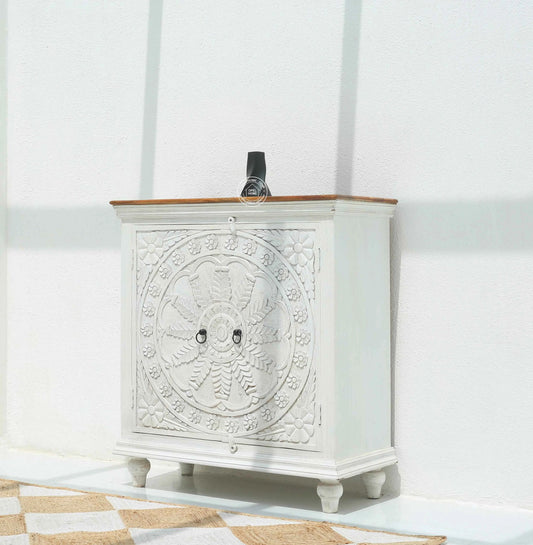 Arcolia Wooden 2 Door Carved Cabinet – Solid Mango Wood, Natural Finish | Opelhome UAE