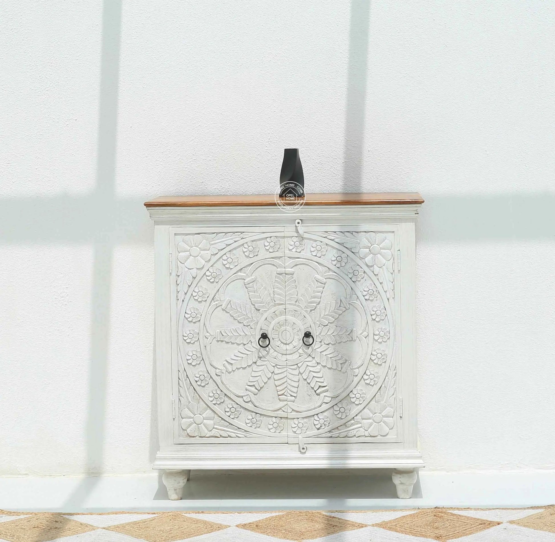 Arcolia Wooden 2 Door Carved Cabinet – Solid Mango Wood, Natural Finish | Opelhome UAE