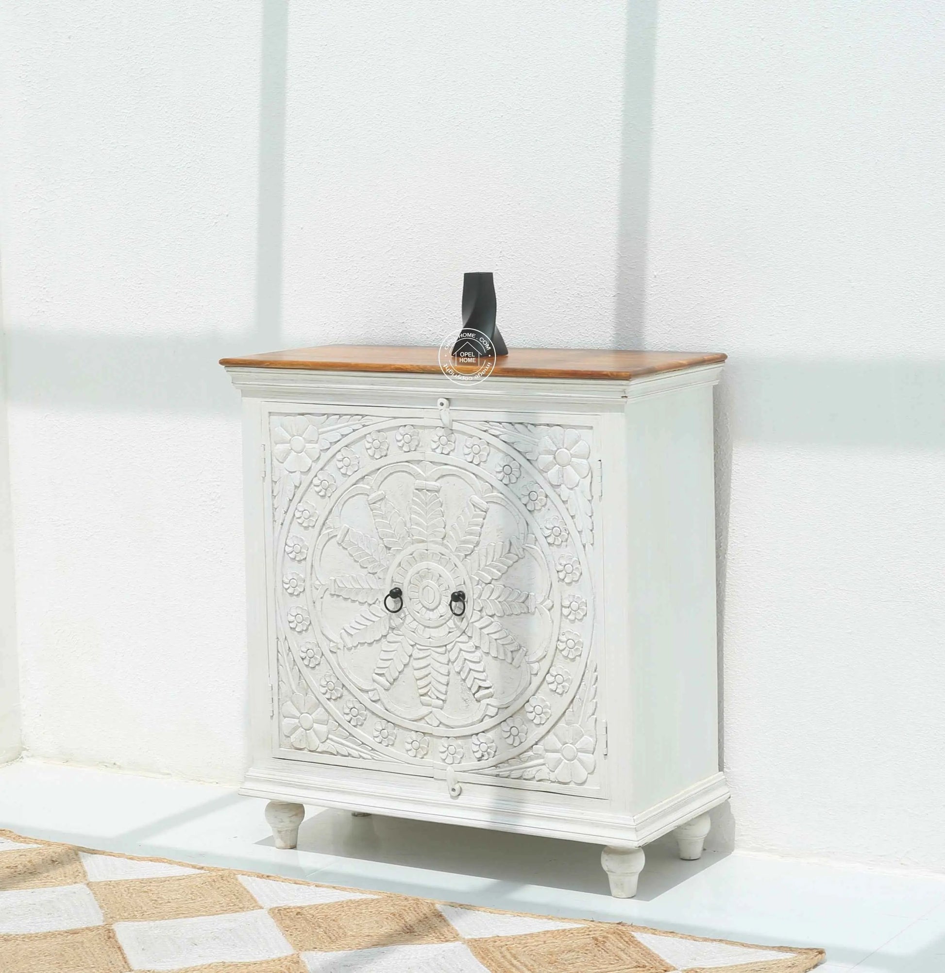 Arcolia Wooden 2 Door Carved Cabinet – Solid Mango Wood, Natural Finish | Opelhome UAE