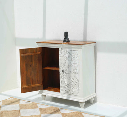 Arcolia Wooden 2 Door Carved Cabinet – Solid Mango Wood, Natural Finish | Opelhome UAE