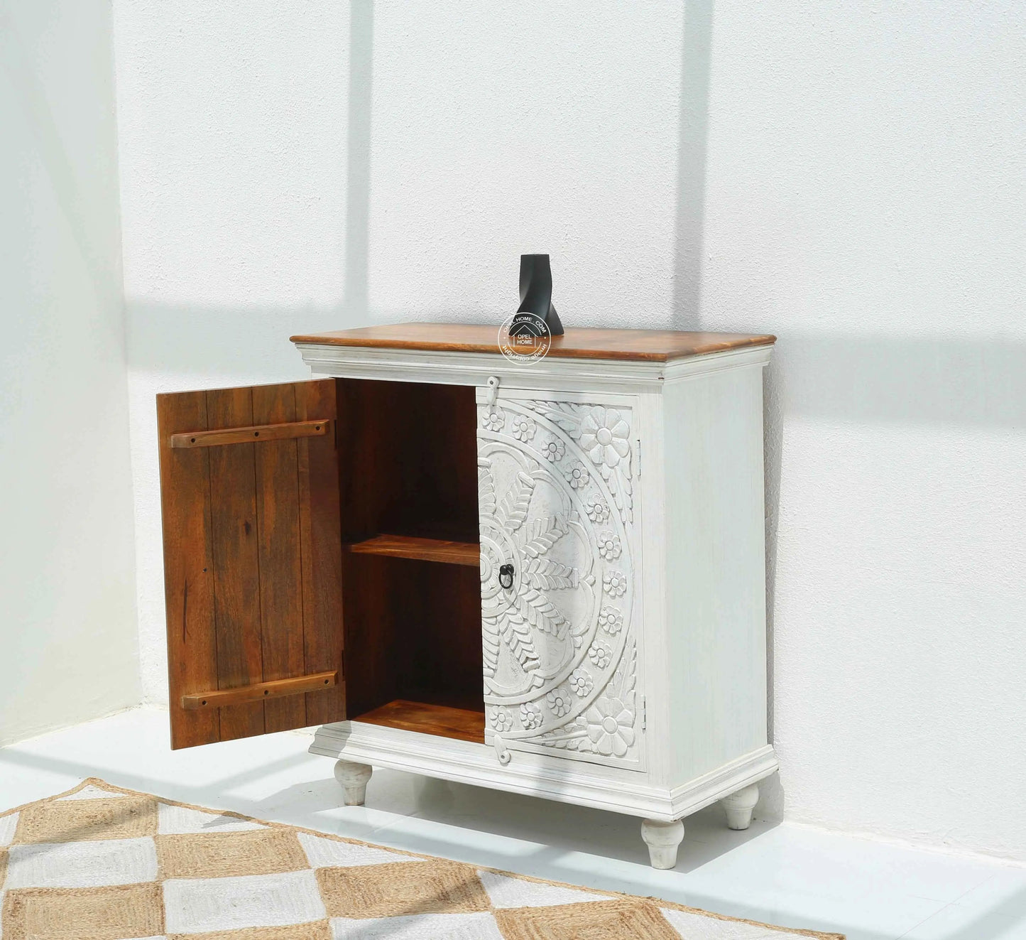 Arcolia Wooden 2 Door Carved Cabinet – Solid Mango Wood, Natural Finish | Opelhome UAE