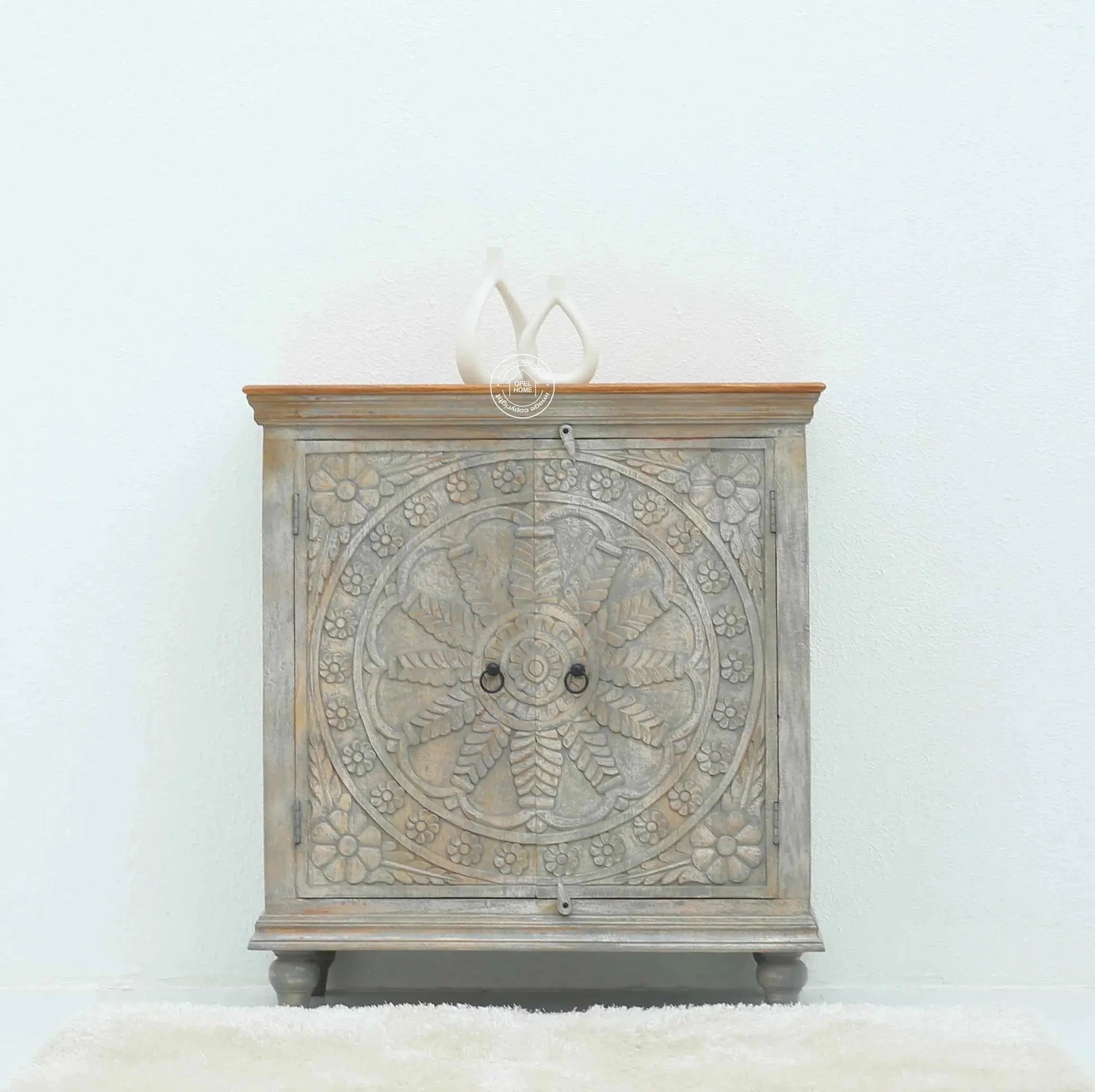 Arcolia Wooden 2 Door Carved Cabinet – Solid Mango Wood, Natural Finish | Opelhome UAE