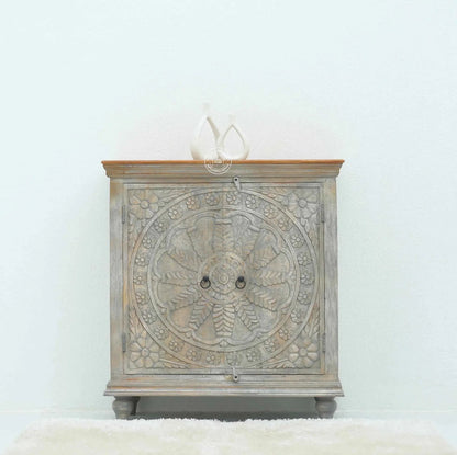 Arcolia Wooden 2 Door Carved Cabinet – Solid Mango Wood, Natural Finish | Opelhome UAE