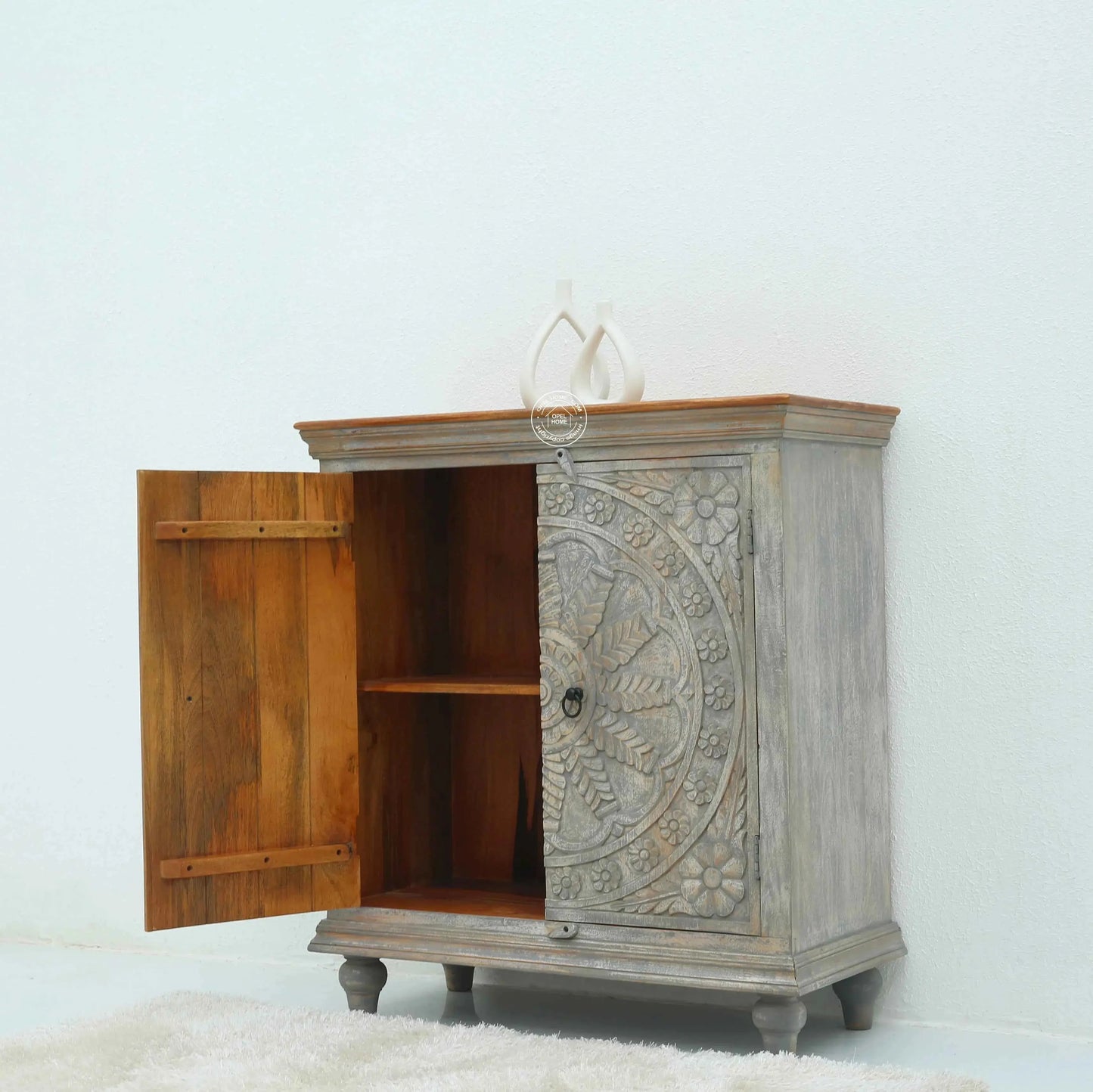 Arcolia Wooden 2 Door Carved Cabinet – Solid Mango Wood, Natural Finish | Opelhome UAE