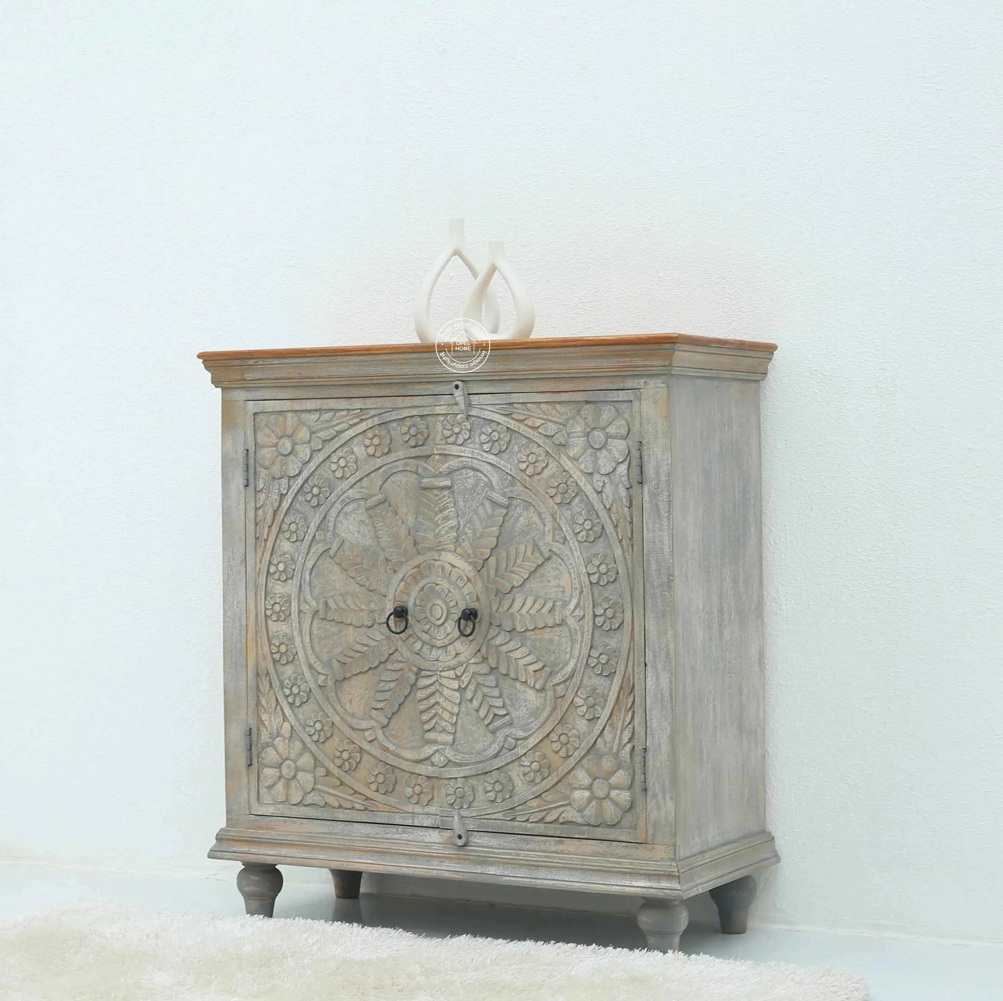 Arcolia Wooden 2 Door Carved Cabinet – Solid Mango Wood, Natural Finish | Opelhome UAE