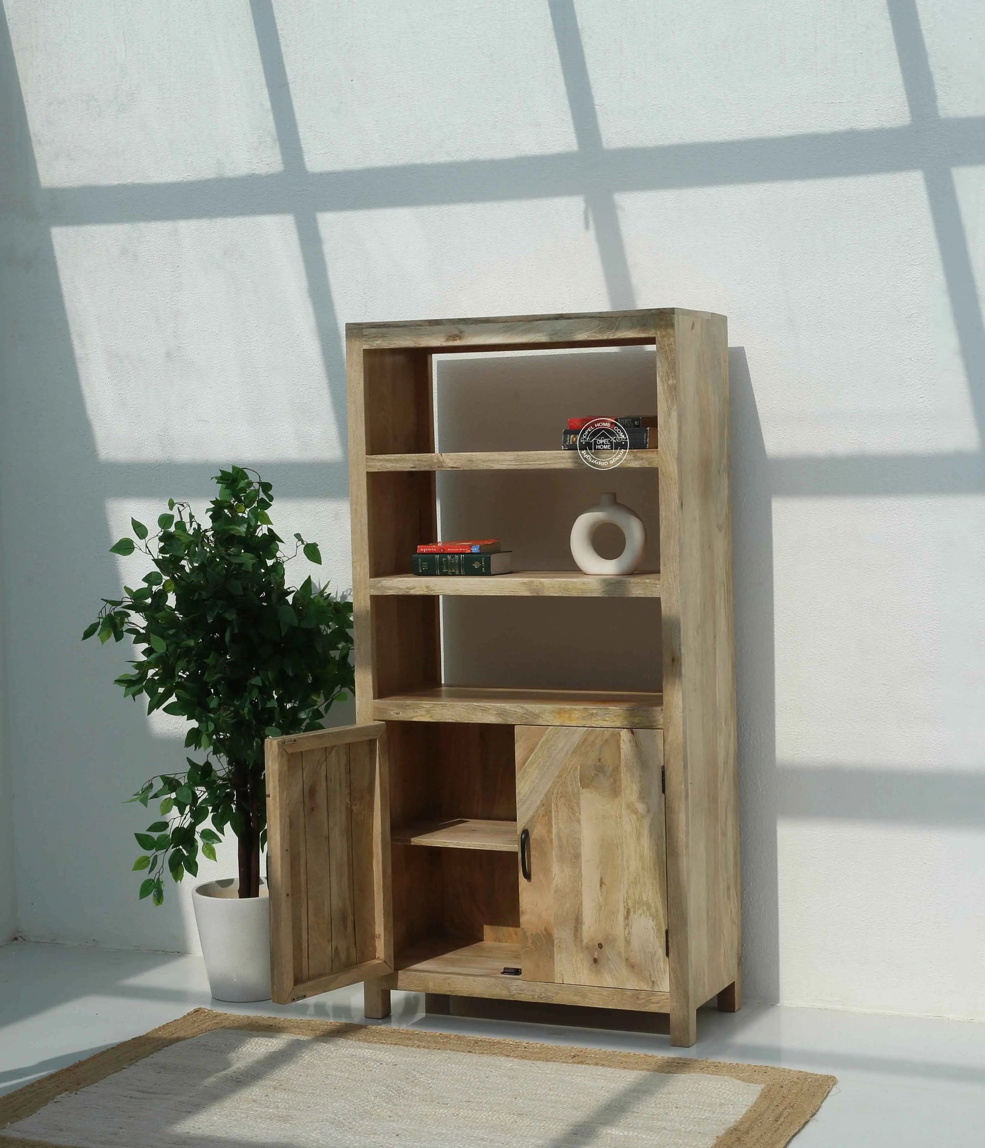 Aroha Display Shelves Unit – Solid Wood, Natural Finish, Tall Bookcase | Opelhome UAE
