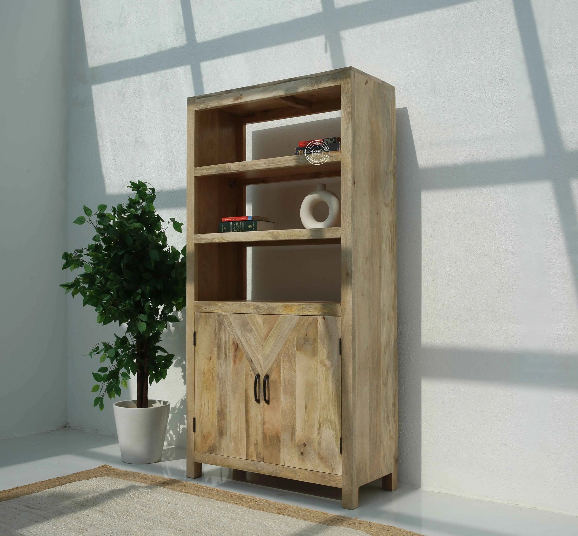 Aroha Display Shelves Unit – Solid Wood, Natural Finish, Tall Bookcase | Opelhome UAE