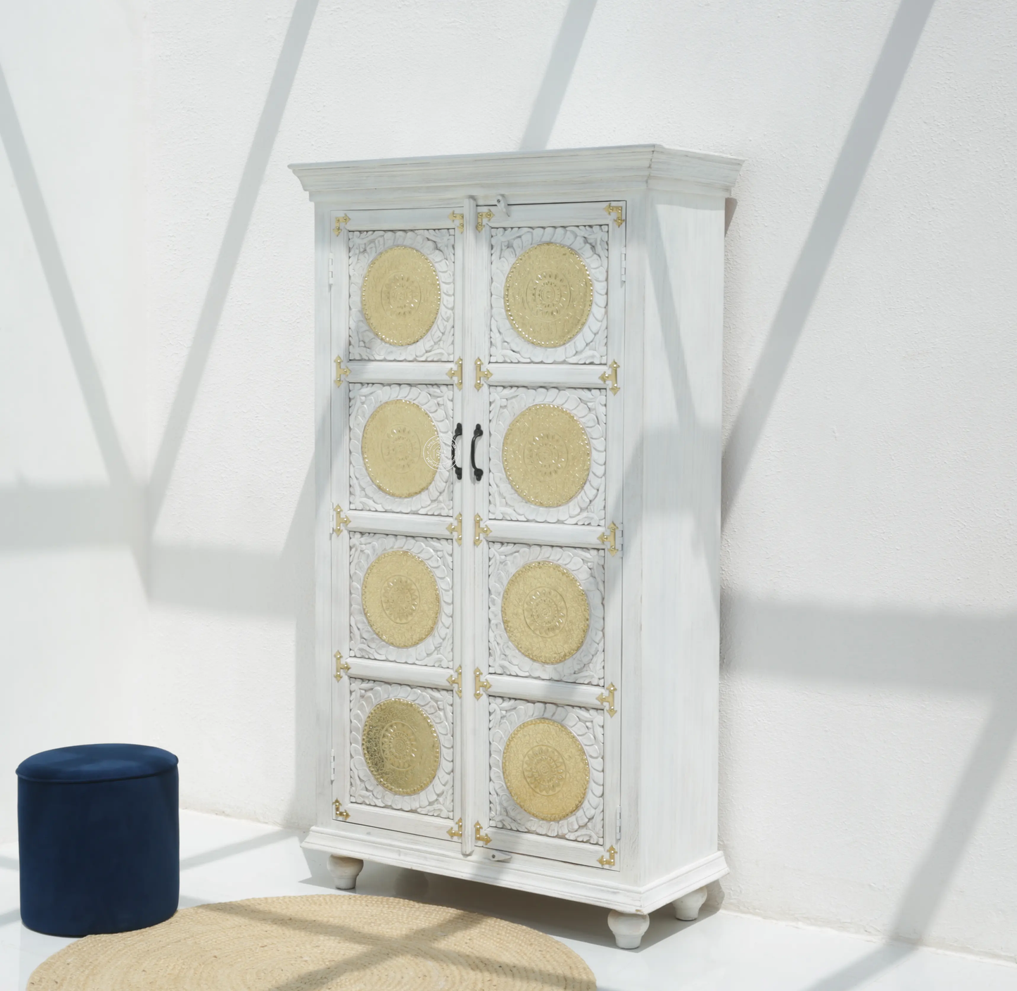 Arzelia Wooden Brass FTD Carved Closet – Solid Mango Wood & Brass, White Finish | Opelhome UAE - Opelhome