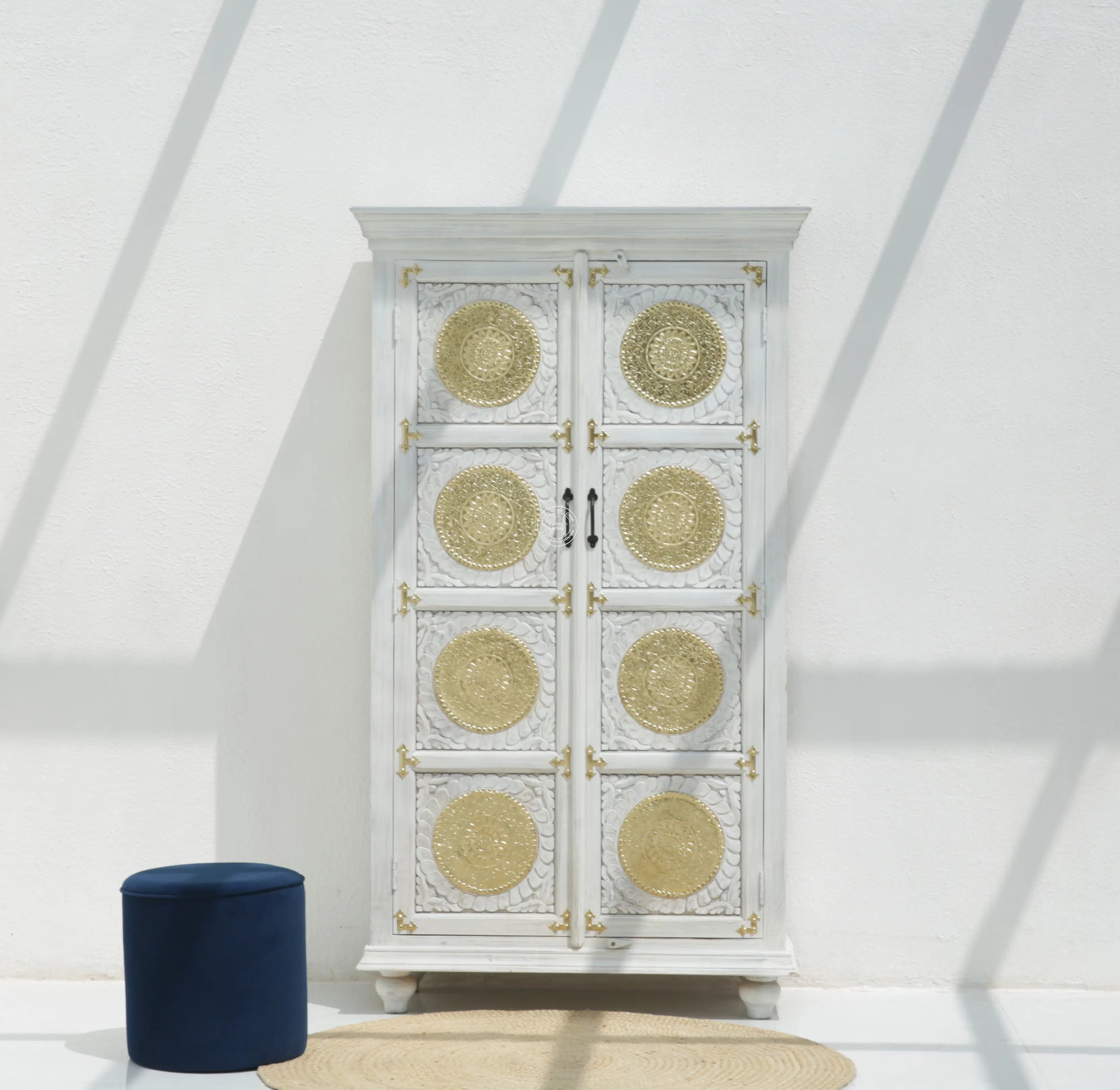 Arzelia Wooden Brass FTD Carved Closet – Solid Mango Wood & Brass, White Finish | Opelhome UAE - Opelhome