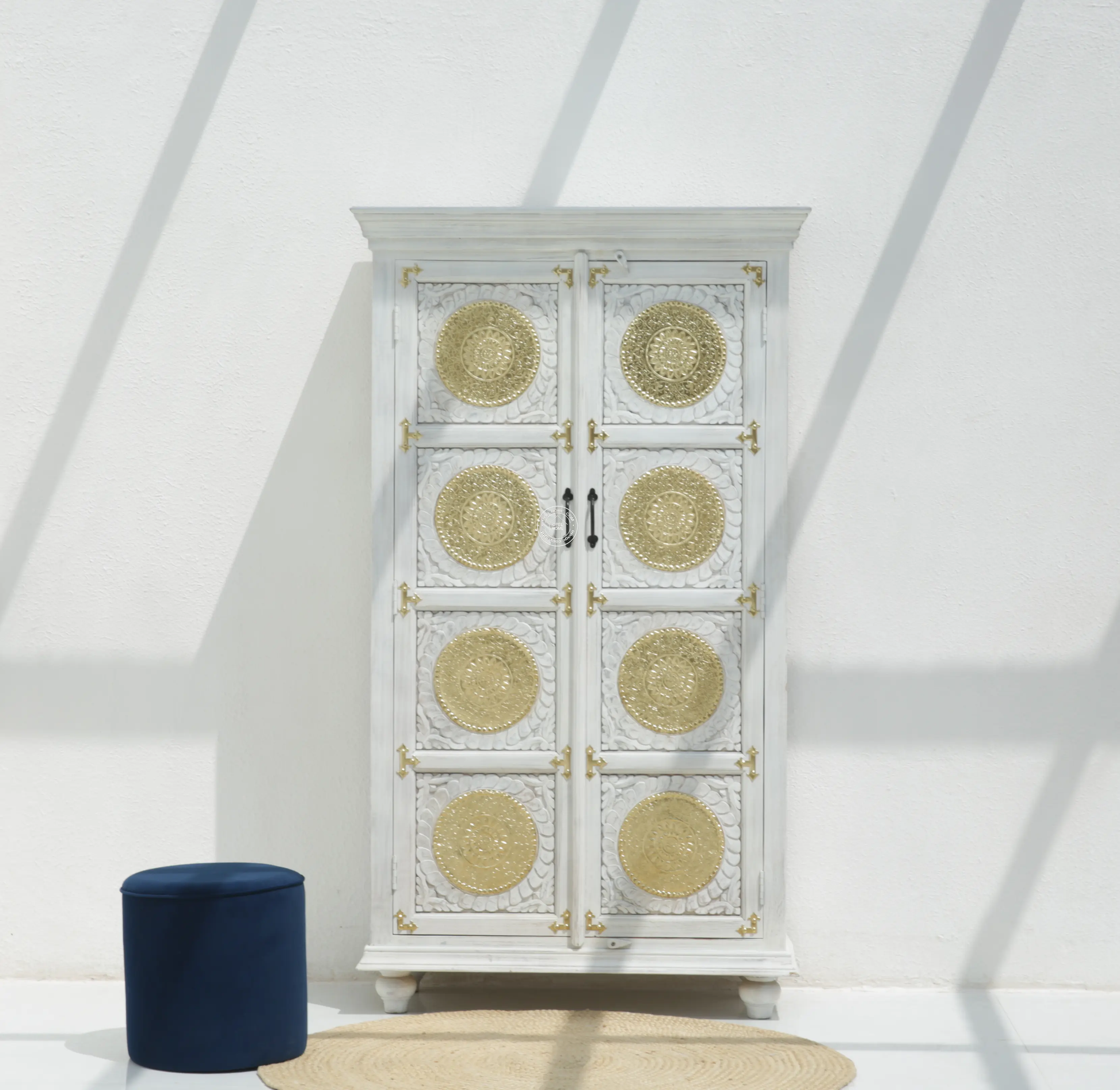 Arzelia Wooden Brass FTD Carved Closet – Solid Mango Wood & Brass, White Finish | Opelhome UAE - Opelhome