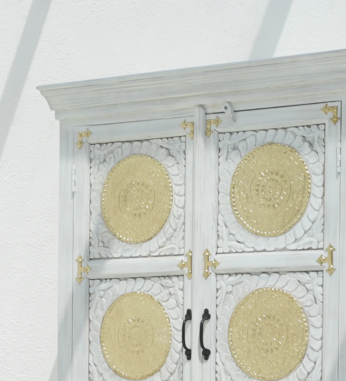 Arzelia Wooden Brass FTD Carved Closet – Solid Mango Wood & Brass, White Finish | Opelhome UAE - Opelhome