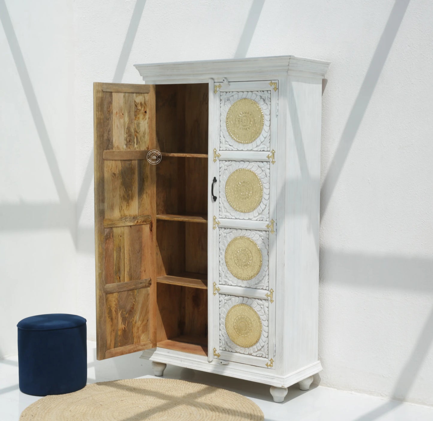 Arzelia Wooden Brass FTD Carved Closet – Solid Mango Wood & Brass, White Finish | Opelhome UAE - Opelhome