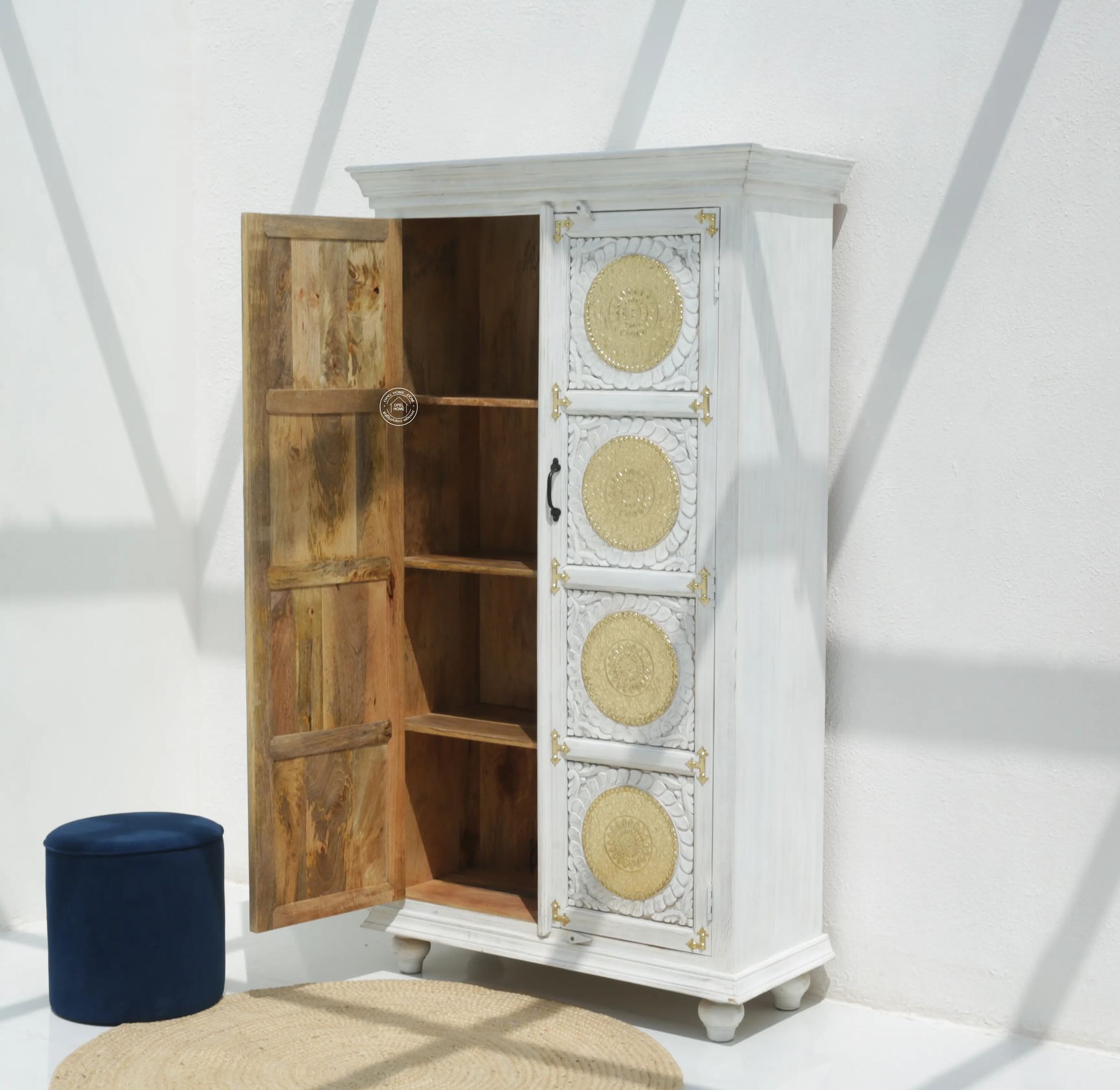 Arzelia Wooden Brass FTD Carved Closet – Solid Mango Wood & Brass, White Finish | Opelhome UAE - Opelhome