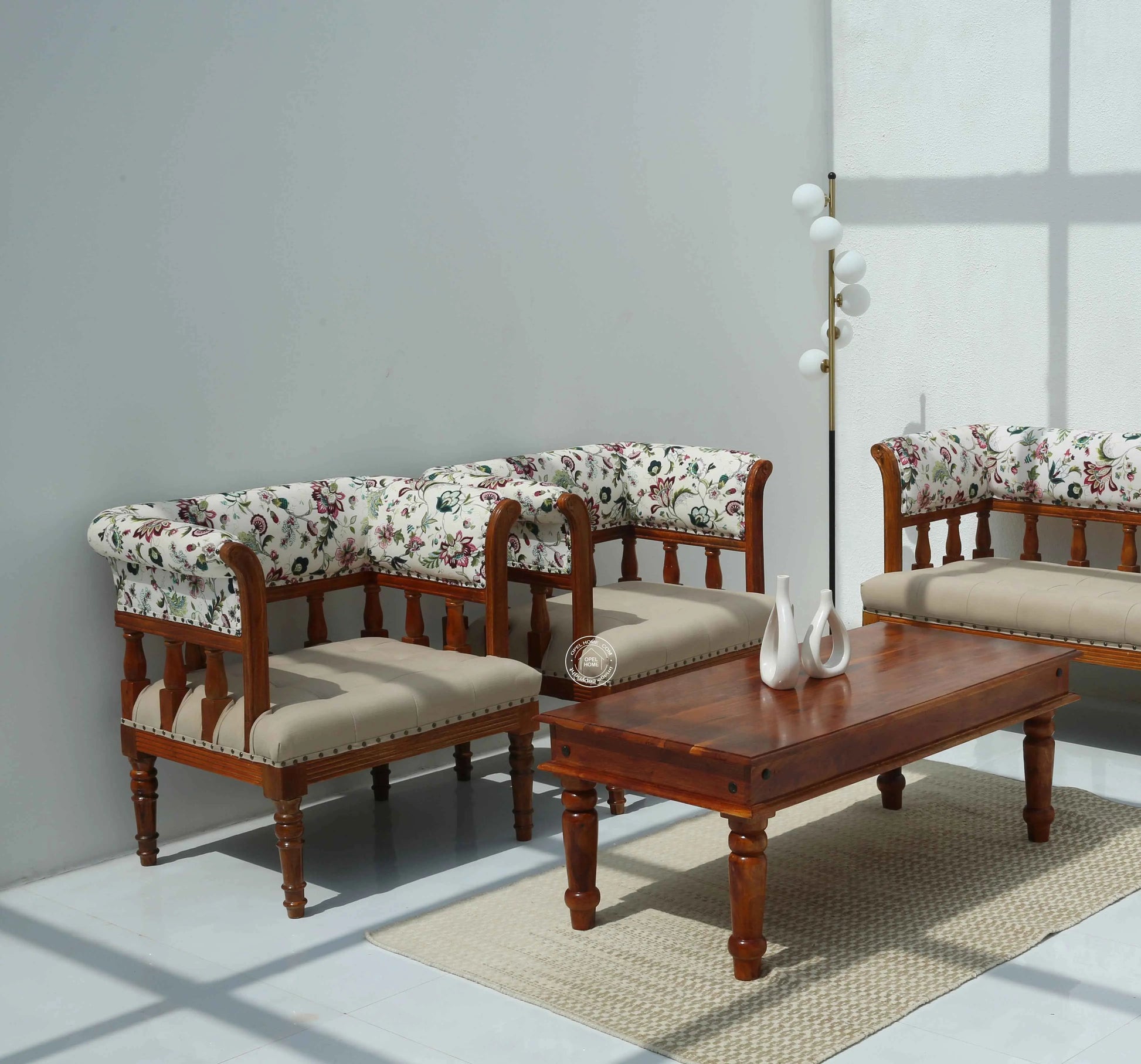 Austell 3+1+1 Sofa Set (Without Coffee Table) – Solid Rosewood, Honey Finish, Bronze Fabric | Opelhome UAE