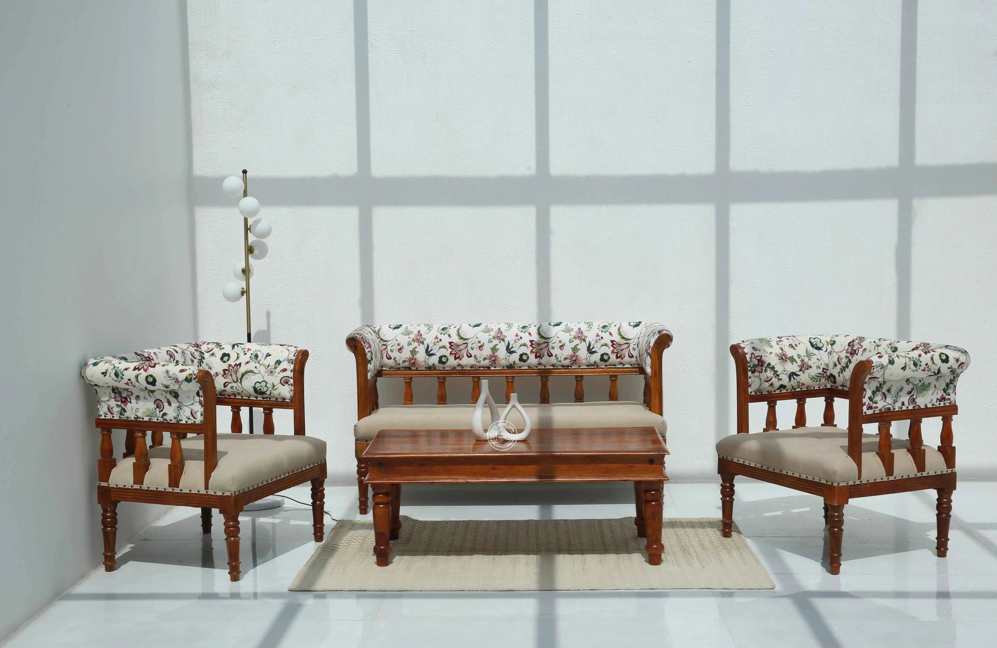 Austell 3+1+1 Sofa Set (Without Coffee Table) – Solid Rosewood, Honey Finish, Bronze Fabric | Opelhome UAE