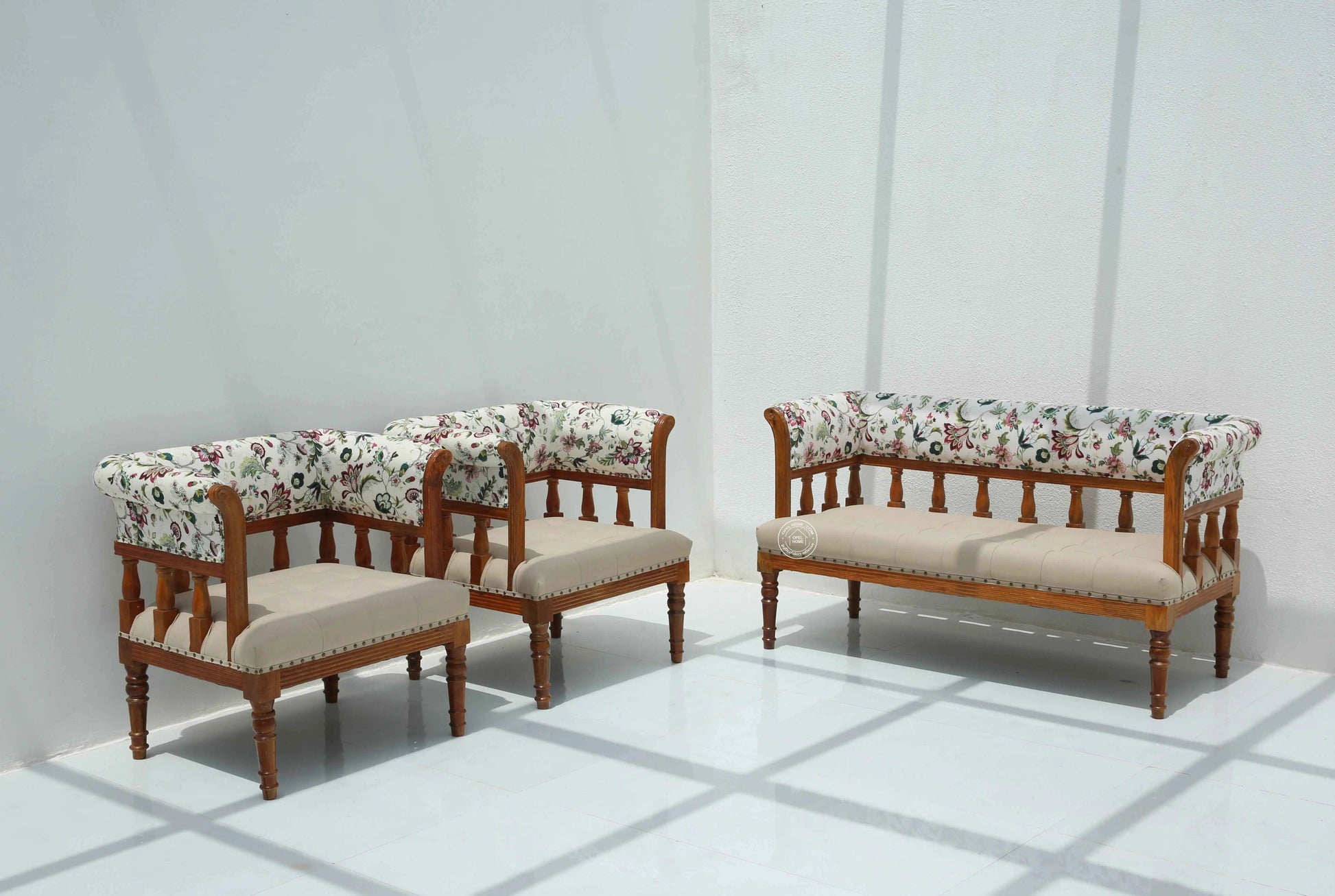 Austell 3+1+1 Sofa Set (Without Coffee Table) – Solid Rosewood, Honey Finish, Bronze Fabric | Opelhome UAE