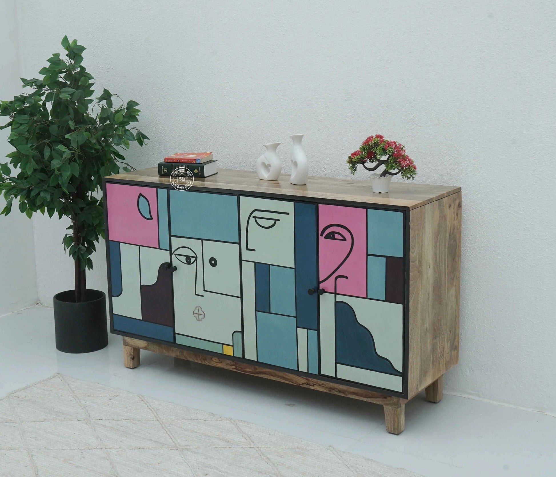 Barari Wooden Sideboard – 4 Doors, Hand-Painted Design, Solid Mango Wood | Opelhome UAE