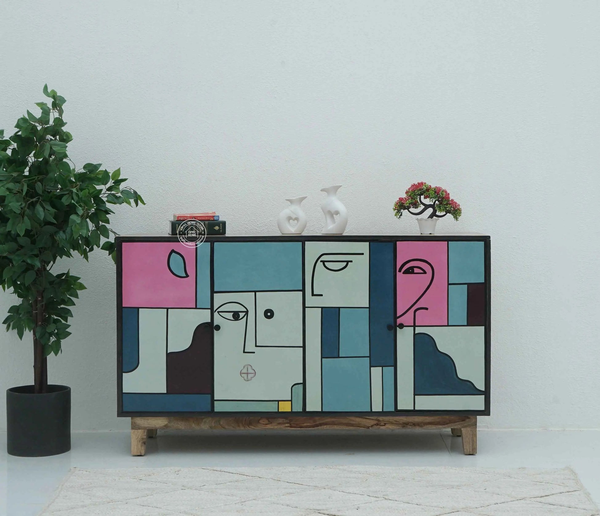 Barari Wooden Sideboard – 4 Doors, Hand-Painted Design, Solid Mango Wood | Opelhome UAE