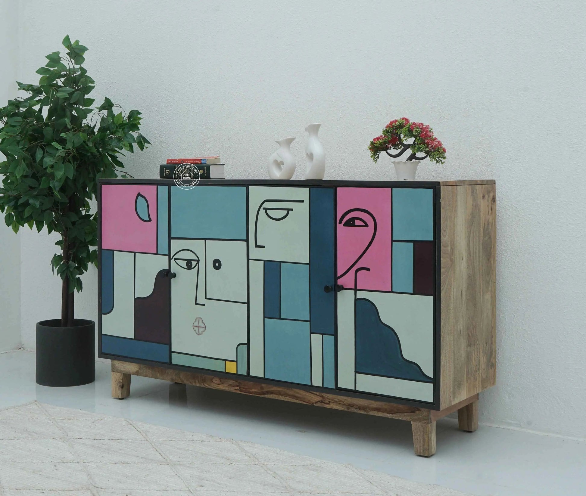 Barari Wooden Sideboard – 4 Doors, Hand-Painted Design, Solid Mango Wood | Opelhome UAE