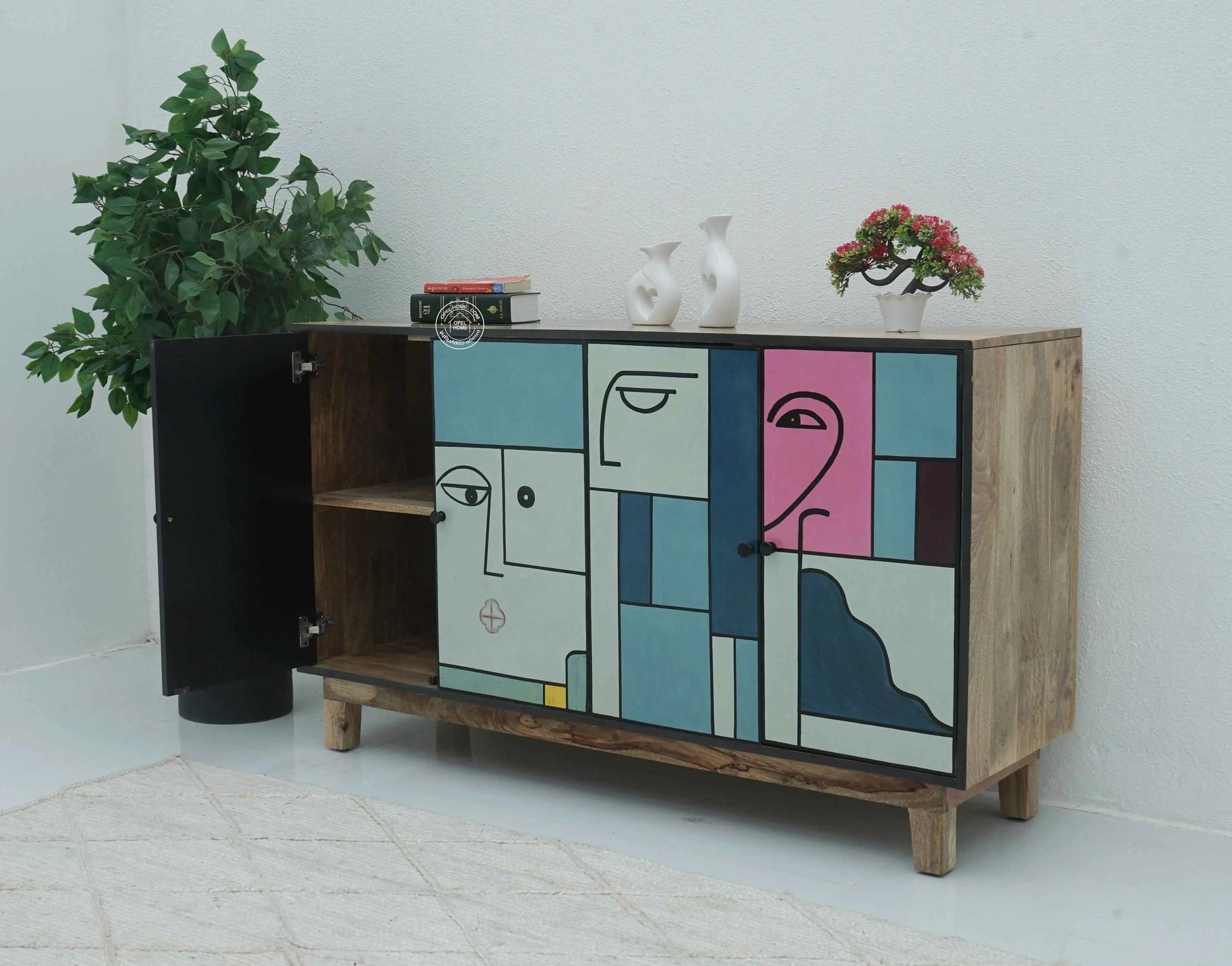 Barari Wooden Sideboard – 4 Doors, Hand-Painted Design, Solid Mango Wood | Opelhome UAE