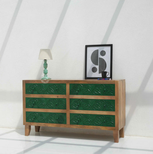 Bearup 6 Drawer Wooden Carved Chest of Drawers – Solid Mango Wood, Natural & Green Finish | Opelhome UAE