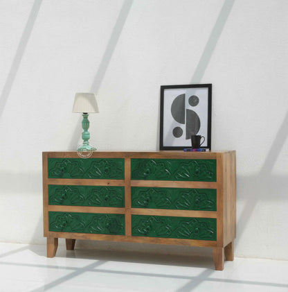 Bearup 6 Drawer Wooden Carved Chest of Drawers – Solid Mango Wood, Natural & Green Finish | Opelhome UAE