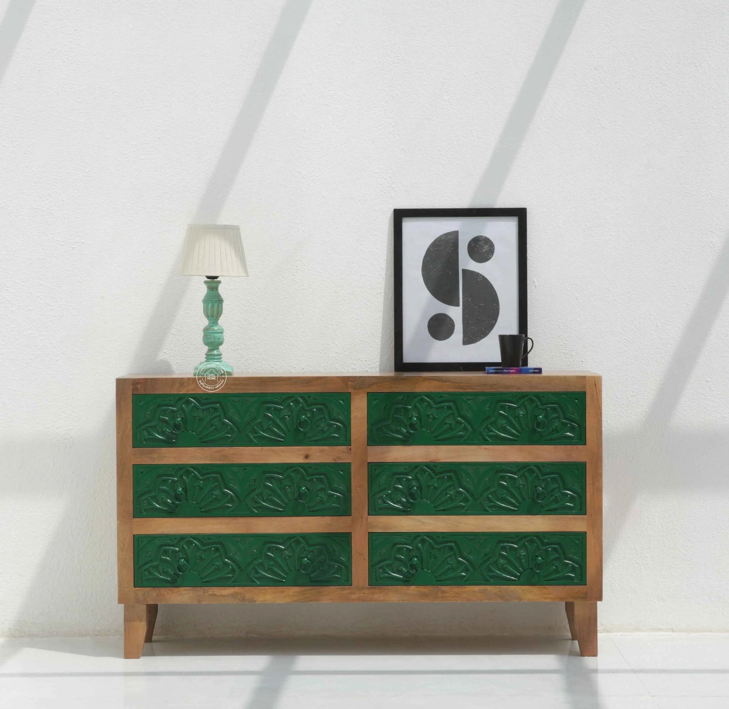 Bearup 6 Drawer Wooden Carved Chest of Drawers – Solid Mango Wood, Natural & Green Finish | Opelhome UAE