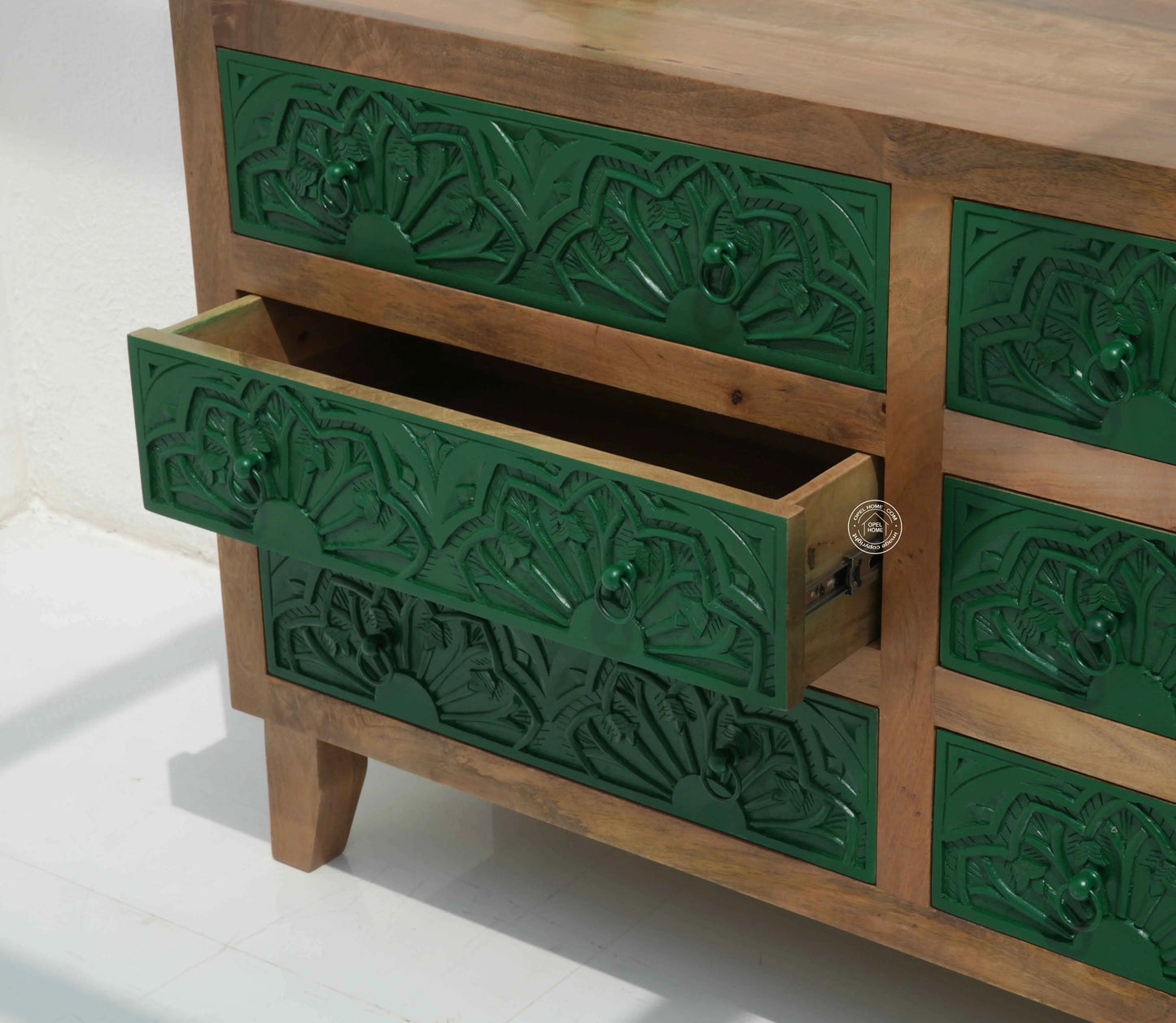 Bearup 6 Drawer Wooden Carved Chest of Drawers – Solid Mango Wood, Natural & Green Finish | Opelhome UAE